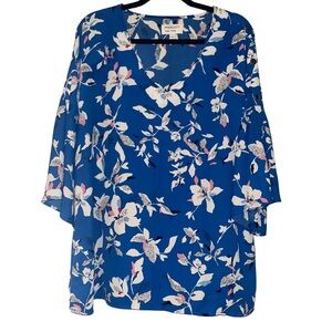 Prescott New York Blue Floral V-Neck‎ Tunic Blouse – Size 14 – Bell Sleeves